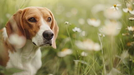  A brown-and-white dog stands atop a verdant green field teeming with multitudes of white and yellow blooms