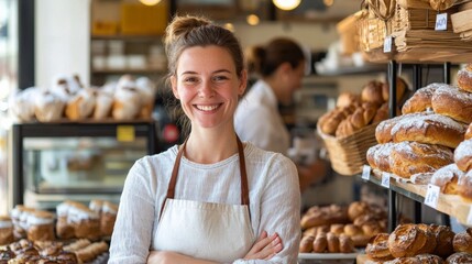 Contemporary young female clerk of bakery with new assortment on background - Powered by Adobe