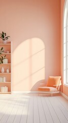 A pretty pink room with a comfy chair and books