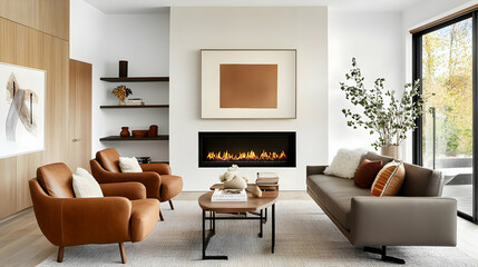 Fototapeta premium A modern living room with cozy seating, a fireplace, and stylish decor.