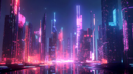 Fototapeta premium futuristic cityscape glowing with neon lights, showcasing advanced architecture and technology
