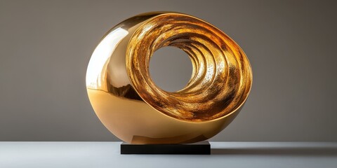 Golden abstract sculpture on a black base.