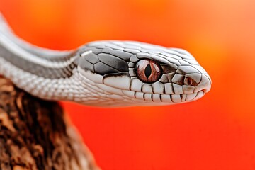 Close-up of a snake on a striking red background. Year of the Snake background. 