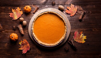 Top view of pumpkin pie on a rustic wooden table