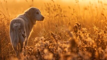  A white dog stands in a field of tall grass, sun shining on its back