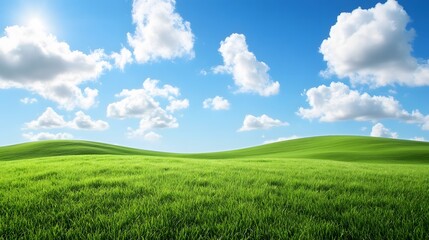 Fototapeta premium Green hills and fluffy clouds under a bright blue sky