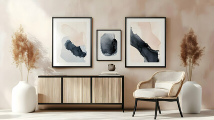 A modern living space featuring abstract art, a stylish chair, and decorative plants.