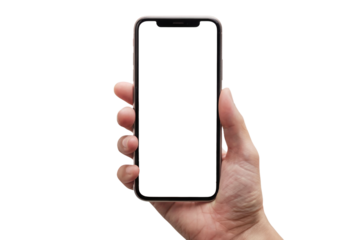 Hand holding a smartphone with empty screen isolated on transparent background