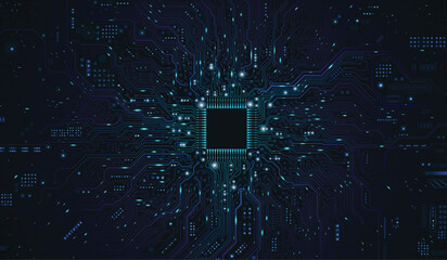 CPU Chip on Motherboard. Central Computer Processors CPU concept. Quantum computer large data processing database concept. Futuristic microchip processor. AI chip background with circuit light. 