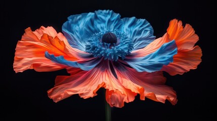 A vibrant flower with blue and orange petals against a dark background, showcasing nature's beauty.