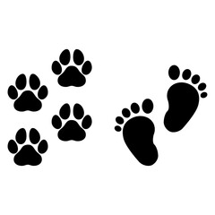 Logo pet friendly. Silueta de pata de gato o perro con pisadas de pies descalzos de persona