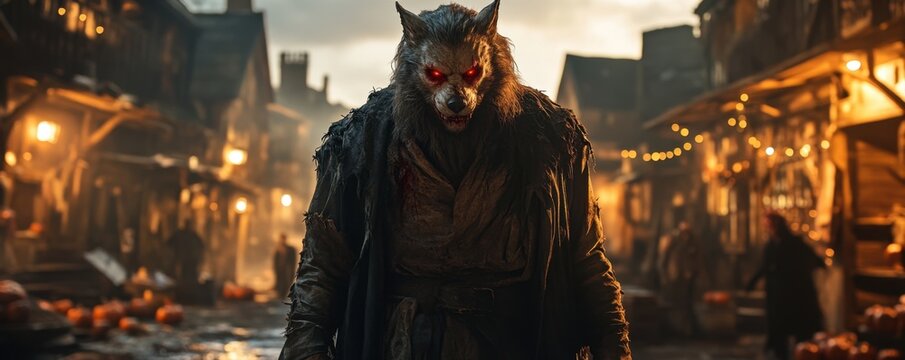 A lycan standing tall in an abandoned village, with torn clothes and blood-red eyes, surrounded by Halloween decorations, eerie ambiance, copy space for text