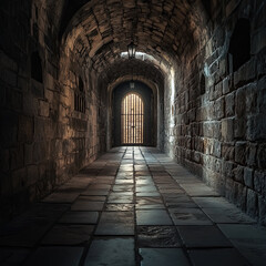 Obraz premium Dark, arched hallway with a door at the end.