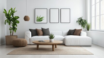 Modern Minimalist Living Room with White Sofa, Indoor Plants, and Wooden Coffee Table in Bright Natural Light