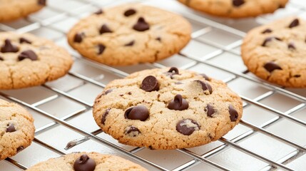 Close up of Delicious Chocolate Chip Cookies Cooling on Wire Rack