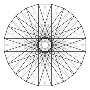Geometrical design pattern formed from thick and thin straight lines crossing inside 20-sided icosagon shapes