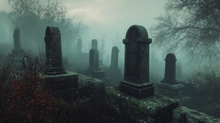 Ghostly shadows of gravestones loom in the foggy cemetery.