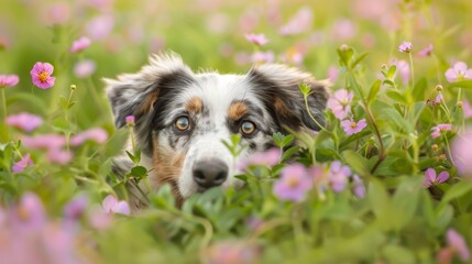  A tight shot of a dog among a field of pink and purple blooming flowers, with a softly blurred backdrop