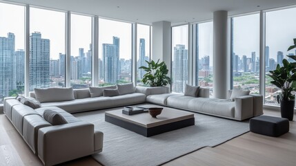 Modern Luxury Living Room with Panoramic City Skyline View and Contemporary Furniture