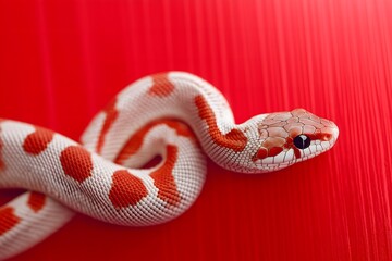 Fototapeta premium Close-up of a snake on a striking red background. Year of the Snake background. 