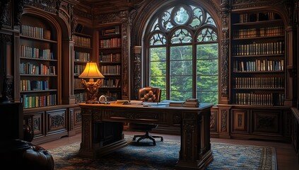 A Study in Wood: A Luxurious Library with Intricate Carvings and a View of Nature