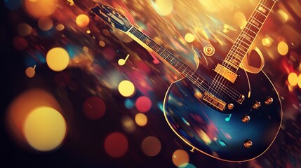 Animated music background featuring an electric guitar, vinyl record, and musical notes. Perfect for party flyers, invitations, and live concert announcements. 