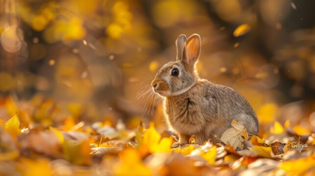  A rabbit sits amidst a mound of leaves, gazing quizzically at the camera