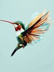 Fototapeta premium Vibrant Hummingbird Transformed into Feather Duster on Pale Blue Background