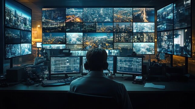 A high-tech control room where operators are monitoring multiple smart cameras and drones across the city, Smart City Monitoring: High-tech control room with drone and camera surveillance.