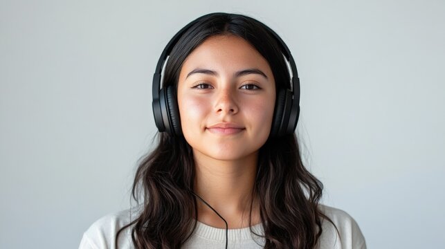 A young girl with long dark hair wears black headphones, exuding simplicity and serenity. The minimalistic background highlights her calm and composed demeanor.