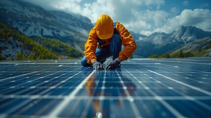 A technician is carefully securing solar panels to a rooftop with mountains and a clear blue sky in the background. The scene showcases renewable energy efforts in nature