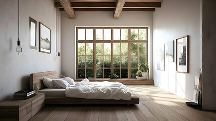 A serene bedroom with wooden decor and large windows overlooking greenery.