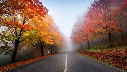 Wide shot of a foggy road lined with colorful trees
