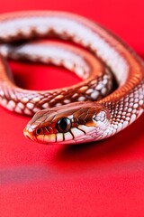 Fototapeta premium Close-up of a snake on a striking red background. Year of the Snake background. 