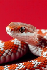 Close-up of a snake on a striking red background. Year of the Snake background. 