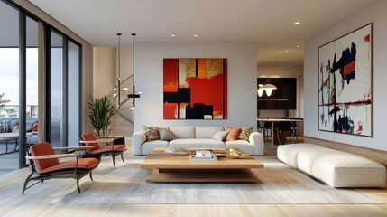 Fototapeta premium Modern Living Room with Contemporary Art and Minimalist Furniture in a Bright Open Space