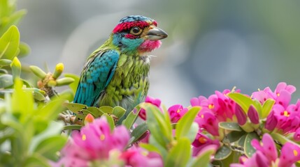  A vibrant bird perches atop a tree adorned with pink and green blooms amidst a lush canopy of green foliage