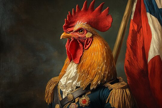 A heroic rooster in a detailed general’s uniform, adorned with medals and standing proudly in front of a flag, represents leadership and dignity in a classic portrait style.