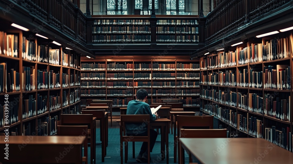 Sticker A solitary figure reading in a grand library filled with books.