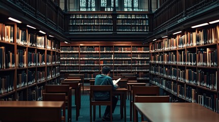 A solitary figure reading in a grand library filled with books.