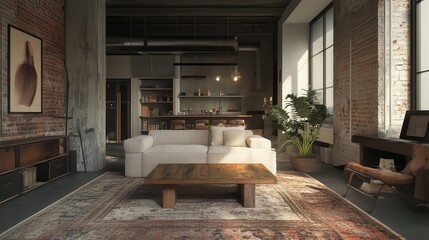 Modern Industrial Loft Living Room with Cozy Sofa, Rustic Coffee Table, and Exposed Brick Walls
