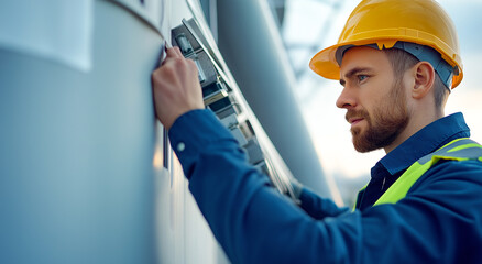 A construction worker in a helmet checks machinery controls, demonstrating safety and engineering in the workplace.