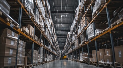 A spacious warehouse with tall shelves filled with packaged goods.