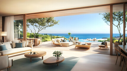 Obraz premium A serene living space with a stunning ocean view, blending indoor and outdoor elegance.