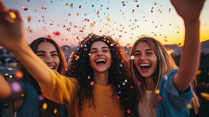 Obraz premium Friends celebrating with confetti during a sunset party, their faces lit with smiles and joy as they enjoy the exuberant moments together in an outdoor festive atmosphere.