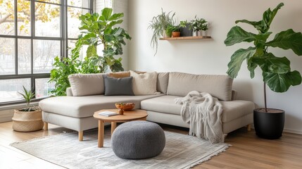 Cozy Modern Living Room with Large Windows, Indoor Plants, and Comfortable Beige Sofa