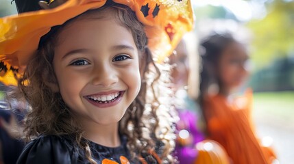 Happy kids dressed up for Halloween, smiling in the sunshine.