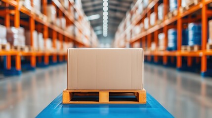 Warehouse with rows of neatly stacked shelves, focus on inventory management, organized logistics