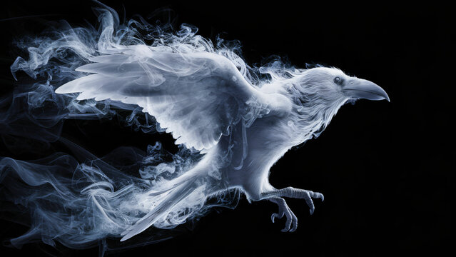 A captivating 3D render of a ghostly raven in flight, with its wings and body composed of mesmerizing white smoke. The raven ismid-flap, showcasing its intricate and lifelike feather detail.