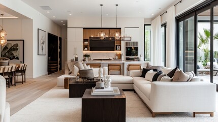 Modern Open-Concept Living Room and Kitchen with Elegant Decor and Natural Light